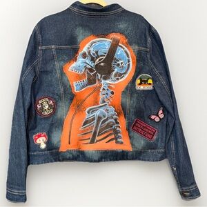 Upcycled Reworked Denim Jacket XL Hand Sewn Patches Skeleton Back Patch Goth